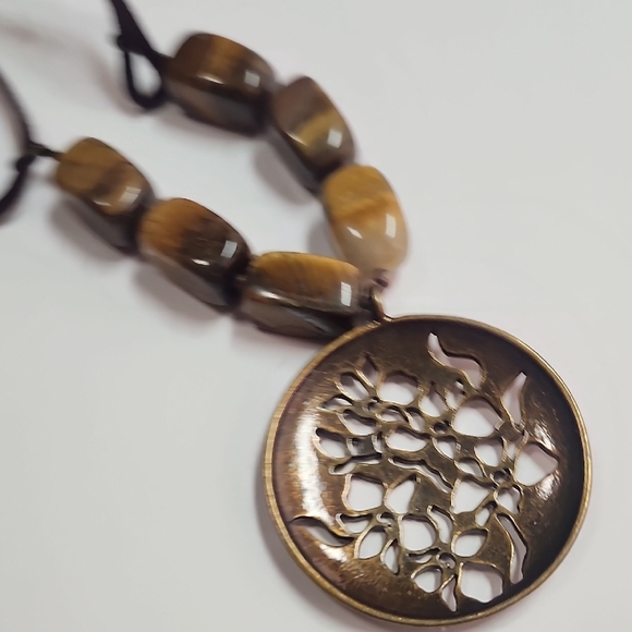 Avon Bronze Tone Medallion and Genuine Tiger's Eye Necklace Vintage Boho - Picture 5 of 6